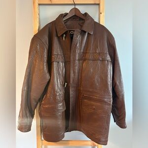 CONTEXT Brown Genuine Leather Collared Jacket Size XL
